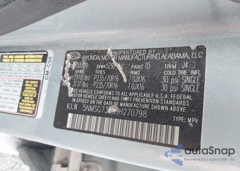 2009 Hyundai Santa Fe Gls z USA, uszkodzony, nr VIN 5NMSG73D39H270798